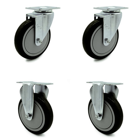 SERVICE CASTER 5 Inch Black Polyurethane Wheel Swivel Top Plate Caster Set with 2 Rigid SCC SCC-20S514-PPUB-BLK-TP2-2-R-2